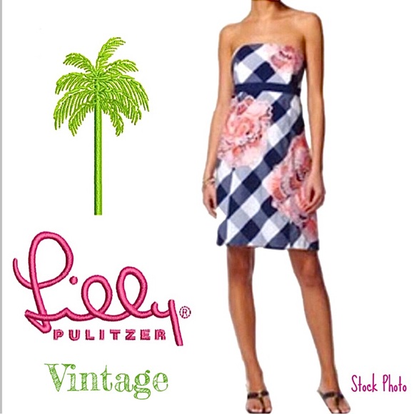 Lilly Pulitzer Dresses & Skirts - Vintage LILLY PULITZER Bowen Dress Gingham Embroidered Strapless Lined (6)